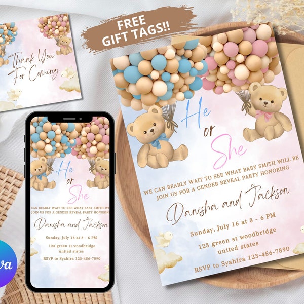 Gender Reveal Invitation Invite Teddy Bear Idea Gender Reveal Invitation Hot Air Balloons Pink And Light Blue He or She Canva Template TB1