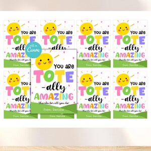 Pu&ograve; includere: Una collezione di etichette regalo colorate con un allegro sole e la scritta "You are TOTALLY AMAZING". Le etichette presentano un banner verde con la scritta "Thanks for all you do!" e "From: Danisha".
