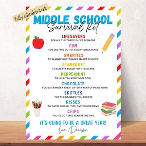 May include: A vibrant Middle School Survival Kit poster with a rainbow border. The poster features a list of items such as Lifesavers, Gum, Smarties, and Skittles, accompanied by motivational messages. The text "It's going to be a great year!" is also included.