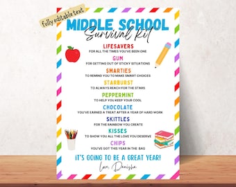 Editable Middle School Survival Kit Gift Tags: Back To School Template (Digital Download)