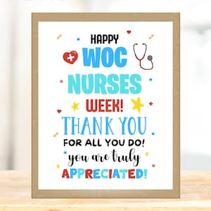 Puede incluir: Una tarjeta imprimible con un diseño azul y blanco que dice "Happy WOC Nurses Week! Thank you for all you do! You are truly appreciated!" con un corazón rojo, un estetoscopio y estrellas.
