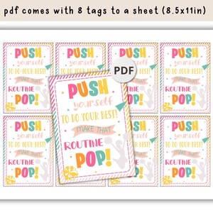 May include: Eight printable cheerleading tags with a pink, yellow, and blue color scheme. The tags feature the text "Push yourself to do your best! Make that routine pop!" with a cheerleader graphic.