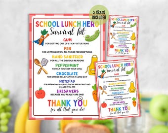 May include: A set of three "School Lunch Hero Survival Kit" printables. The design features colorful illustrations of a carrot superhero, a cucumber, and other school-themed graphics. Text includes a list of items like gum, pen, and chocolate.