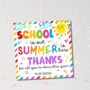 Se acabó la escuela, llegó el verano, etiqueta de regalo de agradecimiento para maestros, etiqueta de agradecimiento para maestros de fin de año escolar, editable, imprimible, descargar