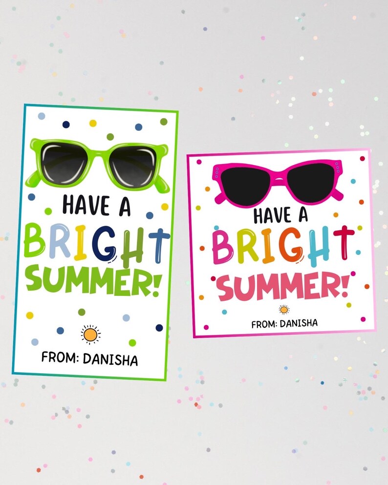 Etiquetas de regalo para un verano brillante, etiquetas imprimibles con el mensaje "Se acabó la escuela", etiquetas con el mensaje "Gafas de sol", regalo de fin de año escolar para preescolar y jardín de infantes. imagen 4