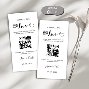 Tarjeta de boda con código QR Capture The Love, tarjeta fotográfica de boda minimalista moderna, tarjeta Capture the Love, tarjeta para compartir el amor imprimible, tarjetas editables