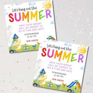 Tarjetas de cita para jugar en el patio de recreo, tarjeta de cita para jugar en verano, etiquetas imprimibles de fin de curso para niños, tarjeta de presentación para cita para jugar, tarjeta de contacto para mantenerse en contacto
