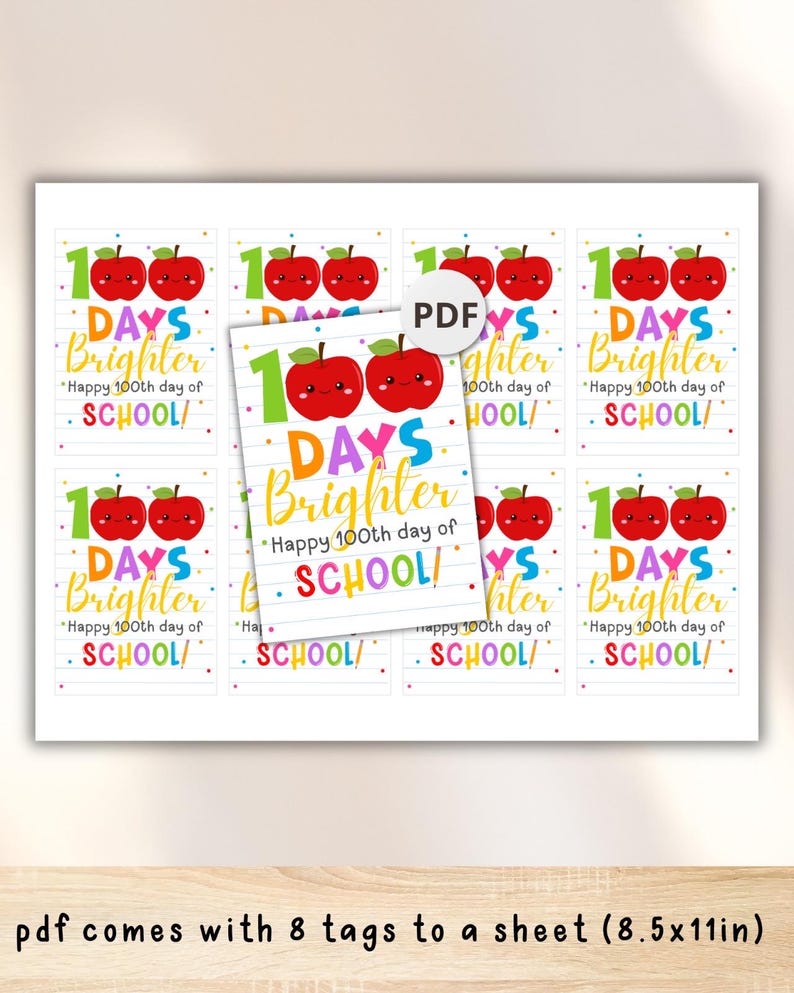 100 Days Brighter Tag: 100th Day of School Gift (instant Download ...
