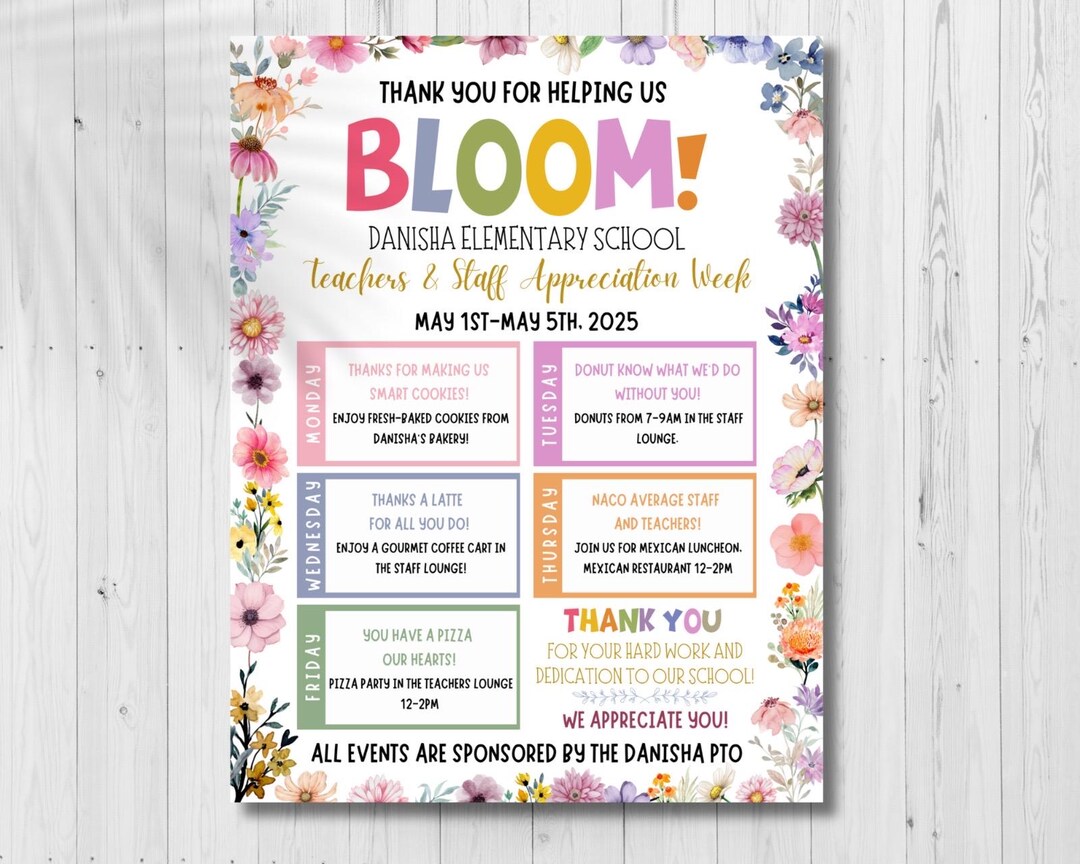 Spring Time Appreciation Week Editable Teacher Appreciation Week Flyer: Floral Spring Theme (digital ...