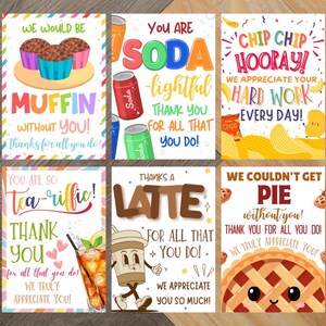 May include: A collection of six colorful greeting cards with food-themed puns. The cards feature illustrations of muffins, soda cans, potato chips, iced tea, a latte, and a pie, with text such as "Muffin without you!" and "Chip Chip Hooray!"