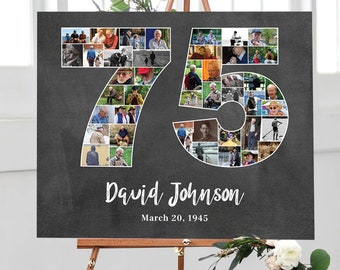 Number 75 Photo Collage, Multiple Photo Birthday Sign, Custom Pictures Collage Gift for Mom, Party Decoration Collage Art, DIGITAL FILE!