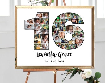 16th Birthday Photo Collage, Number 16 Anniversary Gift, Custom Gift Idea for Her, Personalized Picture Art for Girl Friend, DIGITAL FILE!