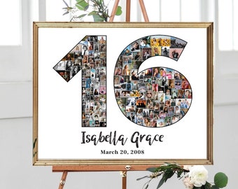 16th Birthday Photo Collage, Rose Gold Glitter Photo Number, 16th Birthday, Party Decoration Idea, Birthday Gift for Her, DIGITAL FILES