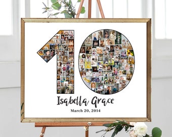 10th Birthday Photo Collage, Rose Gold Glitter Photo Number, 10th Birthday, Party Decoration Idea, Birthday Gift for Her, DIGITAL FILES