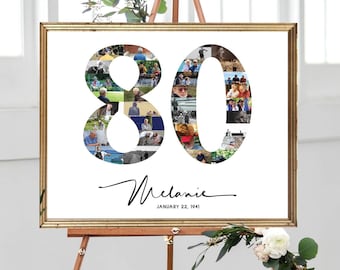 May include: A white poster with a photo collage of 80 in black and white. The number 80 is made up of many smaller photos. The poster has the name Melanie and the date January 22, 1941 written in black.