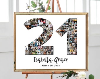 21st Birthday Photo Collage, Rose Gold Glitter Photo Number, 21st Birthday, Party Decoration Idea, Birthday Gift for Her, DIGITAL FILES
