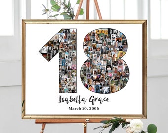 18th Birthday Photo Collage, Rose Gold Glitter Photo Number, 18th Birthday, Party Decoration Idea, Birthday Gift for Her, DIGITAL FILES