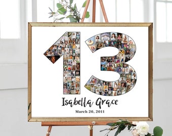 13th Birthday Photo Collage, Rose Gold Glitter Photo Number, 13th Birthday, Party Decoration Idea, Birthday Gift for Her, DIGITAL FILES
