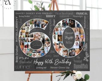 60th Birthday Photo Collage, Number 60 Anniversary Gift, Custom Gift Idea for Him, Personalized Picture Collage for Her, DIGITAL FILES!