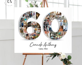 Number 60 Photo Collage, 60th Anniversary Collage Gift, Custom Picture Poster Gift Idea, Multiple Photo Sign, Party Decoration, DIGITAL FILE