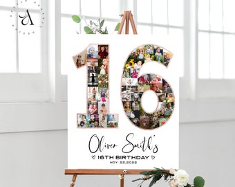 Sweet 16 Birthday Gift for Her, 16th Birthday Photo Collage, Custom Number Poster with Photos, Anniversary Party Decoration, DIGITAL FILES!