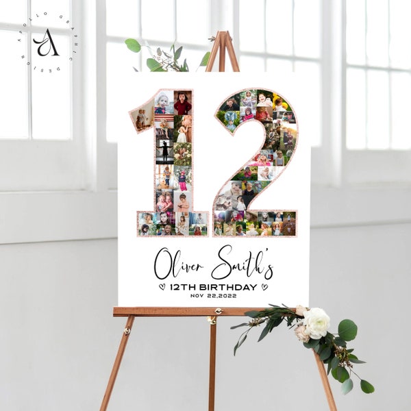 12th Birthday Sign, Personalized Number 12 Photo Collage, Birthday Gift Ideas, 12 Year Old, Girls Birthday Wall Art Decor, Digital Files