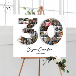 May include: A white poster featuring a 3D photo collage of the number 30. The number is made up of individual photos. The text "Bryan Cranston 1 July, 1993" is printed below the number.