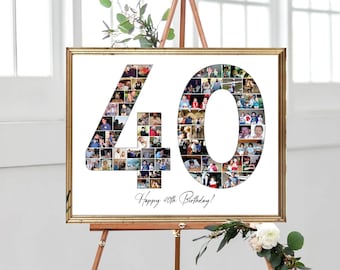 40e verjaardag fotocollage, 40e verjaardagscadeau voor haar, nummer 40 fotocollage, gepersonaliseerde foto's kunst aan de muur, digitale fotoposter