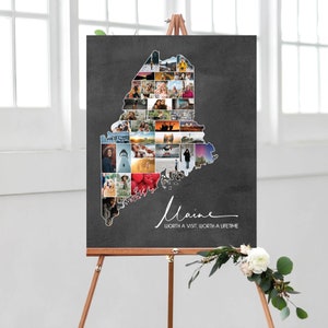 Kaart van Maine Photo Collage, Maine State Picture Wall Decor, Gepersonaliseerde Gift Photo Art, Memory Gift Idee voor koppels, DIGITALE BESTANDEN!