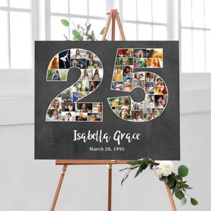 Collage de fotos de 25 cumpleaños, póster de aniversario número 25 con fotos, regalo de cumpleaños personalizado para hija, decoración de fiesta, ARCHIVOS DIGITALES.