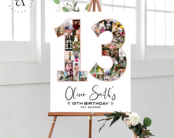 Può includere: Un poster bianco con un grande numero 13 fatto di foto. Il numero è contornato da glitter oro rosa. Il testo "Oliver Smith's 13th Birthday Nov 22, 2022" è sotto il numero.