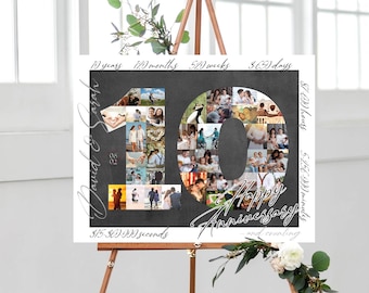 Könnte beinhalten: Ein Schwarzweiß-Fotocollage in Form der Zahl 10. Die Collage besteht aus Fotos eines Paares. Der Text "David & Sarah" steht auf der linken Seite der Collage. Der Text "Happy Anniversary...and counting" steht auf der rechten Seite der Collage. Der Text "10 Jahre 120 Monate 520 Wochen 3.650 Tage 8.760 Stunden 525.600 Minuten 315.360.000 Sekunden" steht um die Collage herum.