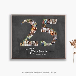 NEW! 25th Birthday Picture Collage, Number 25 Photo Collage, Party Decor Idea for His Birthday/Anniversary, Gift Idea for Her, DIGITAL FILE!