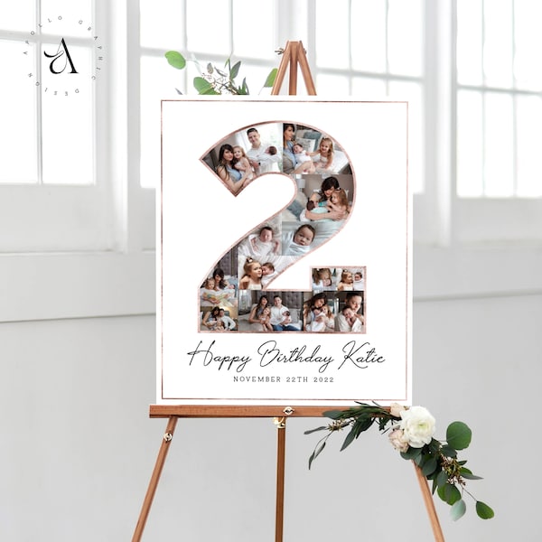 Baby 2nd Birthday Gift, Custom 2nd Birthday Photo Collage, Second Anniversary Gift, Birthday Party Decoration, Digital Pictures Poster