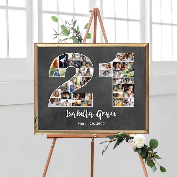 21st Birthday Photo Collage, Number 21 Anniversary Gift, Custom Party Decoration Idea for Him, Picture Collage for Her, DIGITAL FILES!