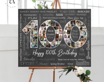 100th Birthday Photo Collage, Number 100 Anniversary Gift, Custom Gift Idea for Him, Personalized Picture Collage for Her, DIGITAL FILES!