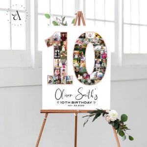 Colagem de fotos de 10º aniversário, número de foto com glitter dourado rosa, 10º aniversário, ideia de decoração de festa, presente de aniversário para ela, ARQUIVOS DIGITAIS