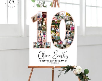 10th Birthday Photo Collage, Rose Gold Glitter Photo Number, 10th Birthday, Party Decoration Idea, Birthday Gift for Her, DIGITAL FILES