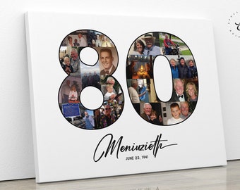 May include: A white canvas print with a photo collage of a person's life, forming the numbers 80. The text "Meniuzieth June 22, 1941" is below the numbers.