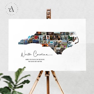 Kaart fotocollage van Noord-Carolina, kaart van de staat North Carolina aan de muur, gepersonaliseerde fotocollage van de staat, fotocadeau voor hen, DIGITALE BESTANDEN!