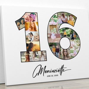 Collage de fotos de 16 cumpleaños, póster número 16 con fotos, dulce regalo de 16 cumpleaños para ella, collage de decoración de 16 aniversario, ARCHIVOS DIGITALES.