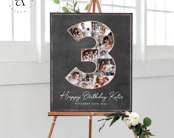 Derde verjaardagscadeau, geperconaliseerde 3e verjaardag fotocollage, drie jaar peuter fototeken, babyfoto's kunst aan de muur, digitale bestanden