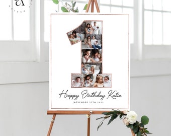 May include: A white sign with a rose gold border, shaped like the number one, filled with family photos. The sign reads "Happy Birthday Katie" and "November 22nd 2022". The sign is displayed on a wooden easel.