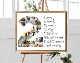 May include: A white poster with a collage of photos in the shape of the number 2. The text on the poster reads: "2 years, 24 months, 104 weeks, 730 days, 17,520 hours, 1,050,000 minutes, 63,072,000 seconds... and counting."