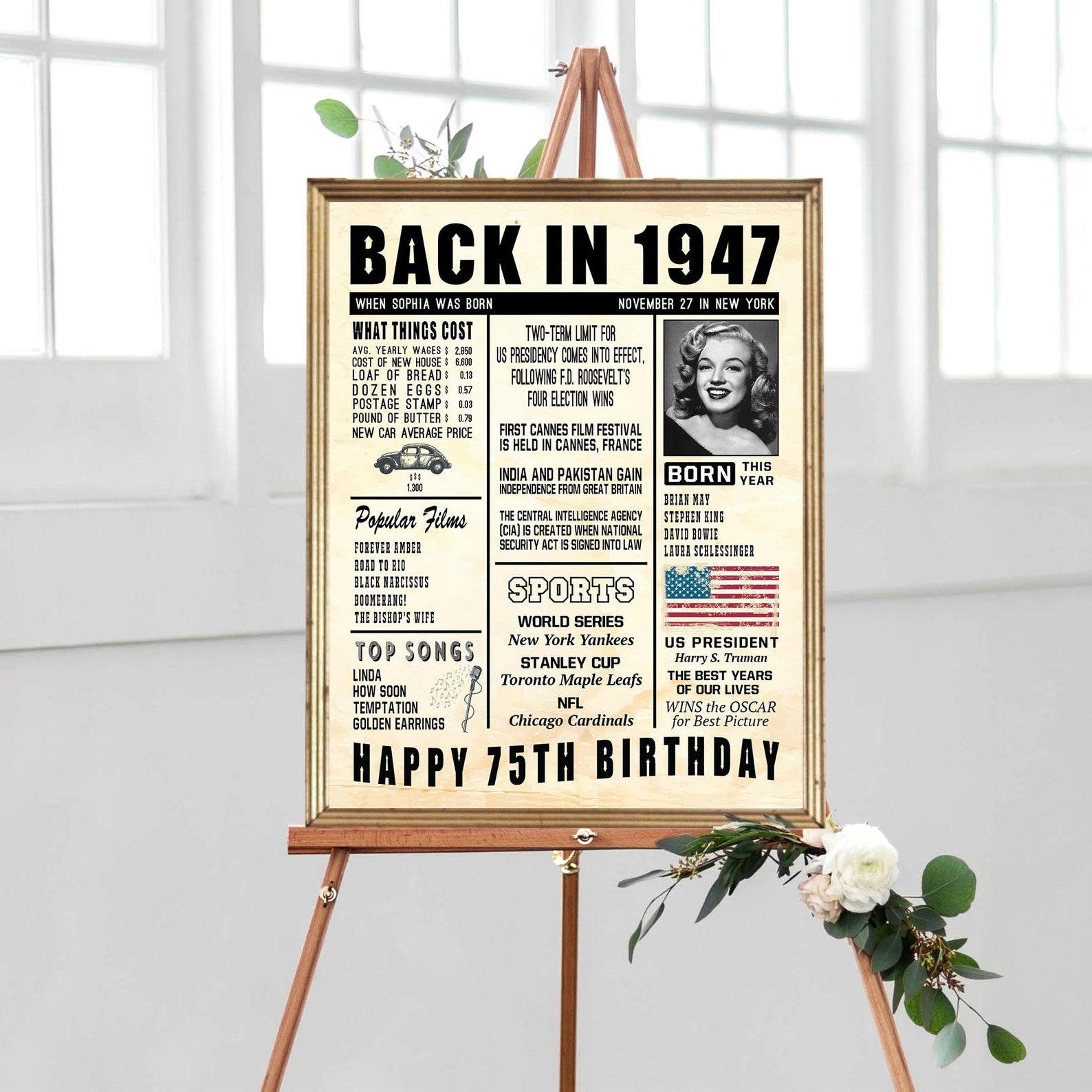 75th Birthday Poster Poster Board for Birthday 75 1947 Fun Etsy