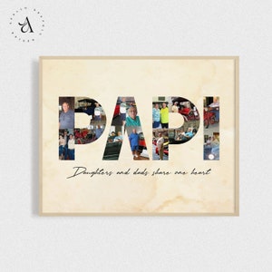 May include: A collage of photos in the shape of the word "PAPI" with the text "Daughters and dads share one heart" below. The photos are of a family, including a man, women, and children.