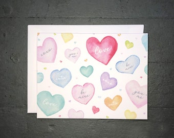 Valentine's Day Card Set | Watercolor Conversation Hearts - Set of 8