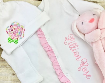 Baby Girl Monogrammed Sleeper and Hat, Embroidered Ruffled Sleeper, Personalized Infant Sleeper, Baby Girl Coming Home Outfit, Shower Gift