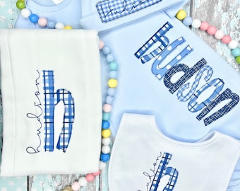 Personalized Baby Boy Gown, Hat, Bib, and Burp Cloth, Appliquéd Embroidery Infant Gown Set, Baby Boy Infant Gown Set