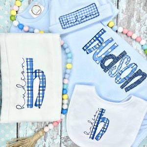 Personalized Baby Boy Gown, Hat, Bib, and Burp Cloth, Appliquéd Embroidery Infant Gown Set, Baby Boy Infant Gown Set